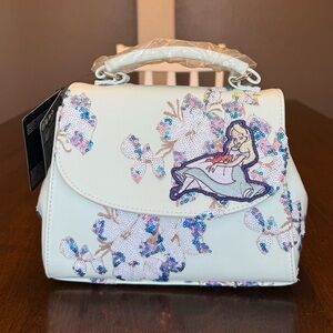 NWT Loungefly Disney Alice in Wonderland Alice & Dinah Floral Sequin Handbag
